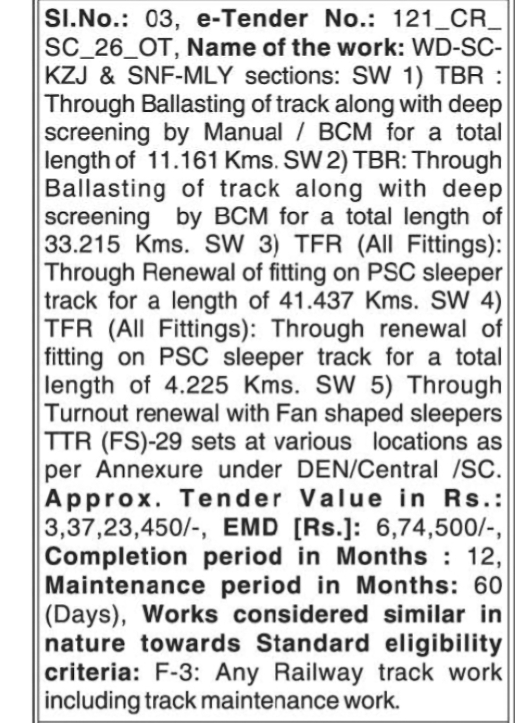 SC-KZJ and SNF-MLY Railway Infrastructure Works Tender