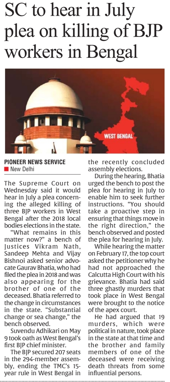 SC to hear in July plea on killing of BJP workers in Bengal