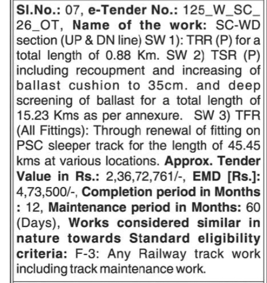 SC-WD Railway Track Renewal Works Tender