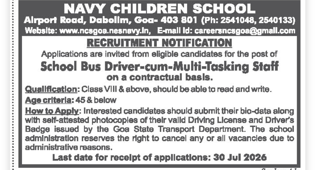 School Bus Driver-cum-Multi-Tasking Staff Recruitment – Navy Children School Goa