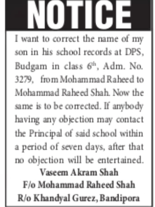 SCHOOL RECORD CORRECTION NOTICE – DPS BUDGAM