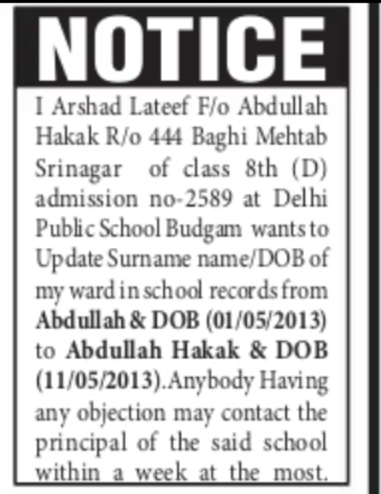 School Record Correction Notice – Surname and Date of Birth Update