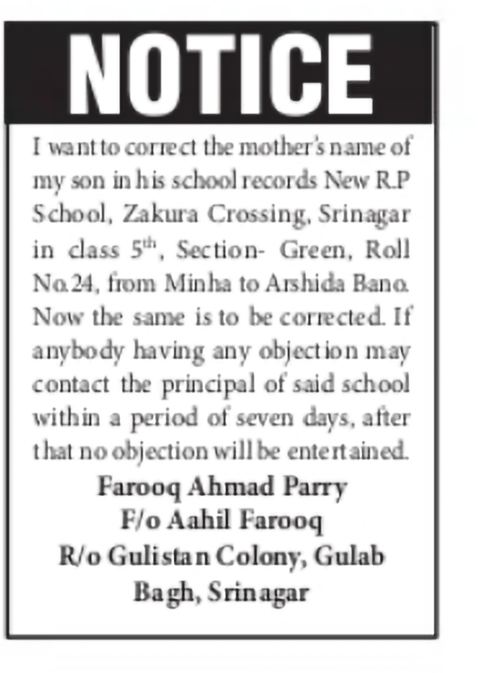 School Record Mother's Name Correction Notice Aahil Farooq