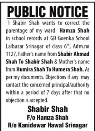 School Records Parentage Correction Notice – Hamza Shah