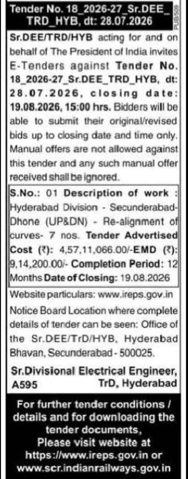 SCR Hyderabad Division Invites Tender for Railway Curve Realignment Work