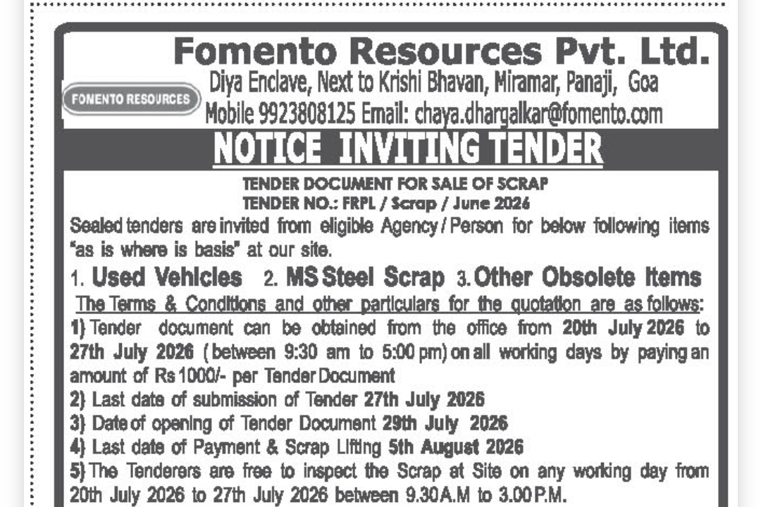 Scrap Sale Tender Notice – Fomento Resources Pvt. Ltd., Goa