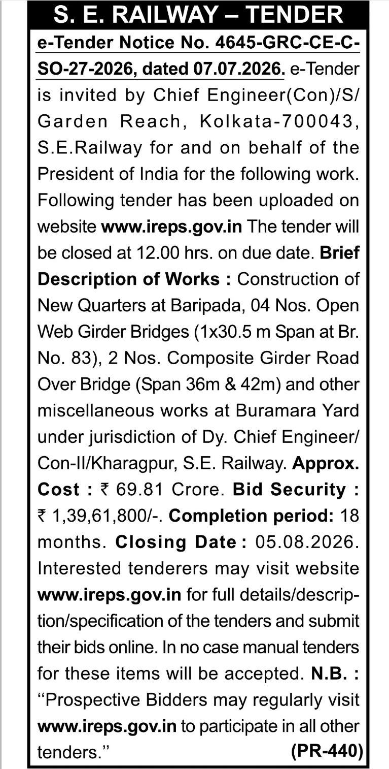 S.E. Railway Tender Notice – Construction Works at Buramara Yard