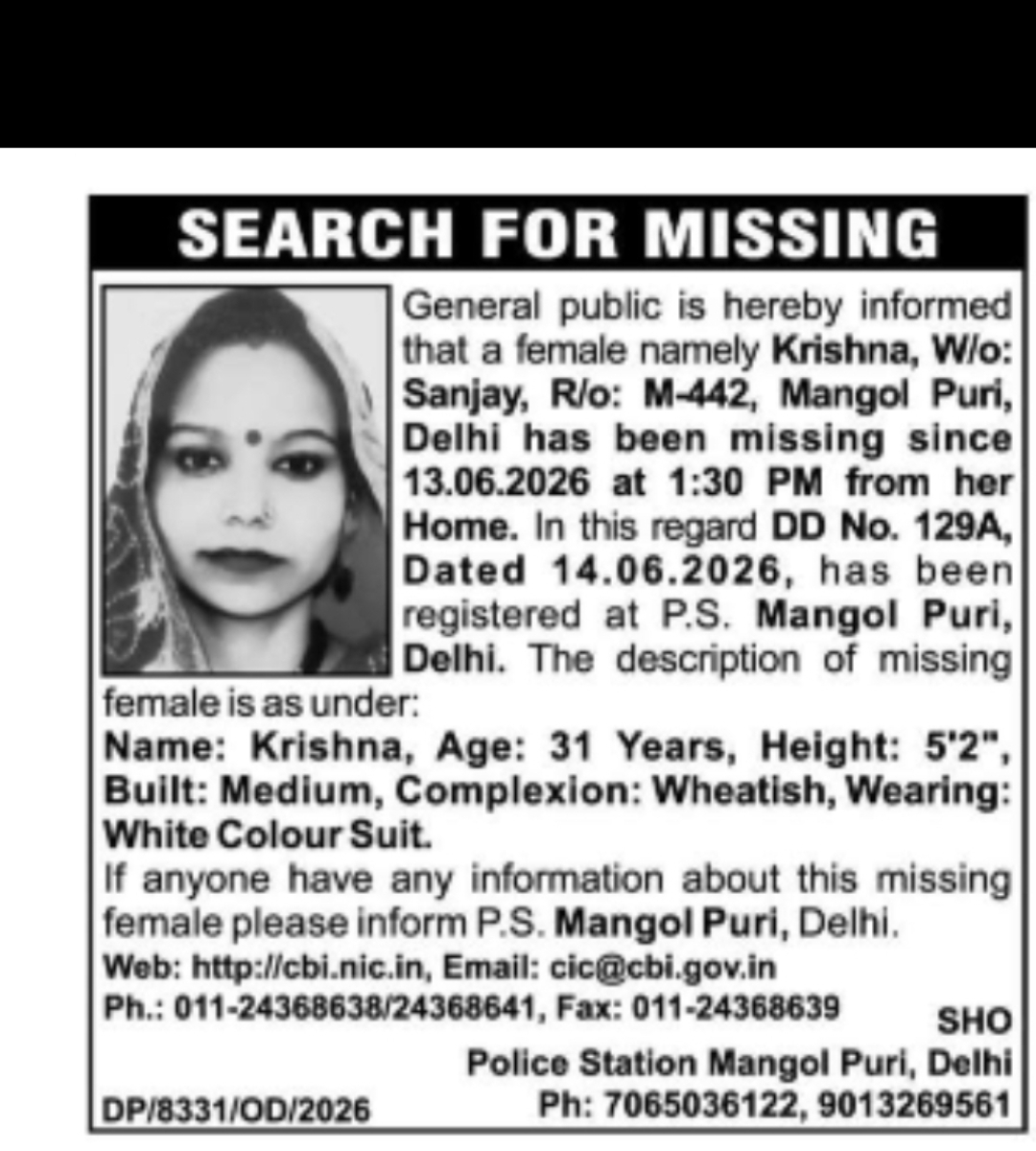 Search for Missing Female (Krishna)