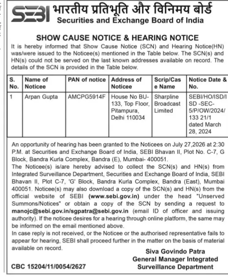 SEBI Show Cause Notice and Hearing Notice – Arpan Gupta (Sharpline Broadcast Limited Case)