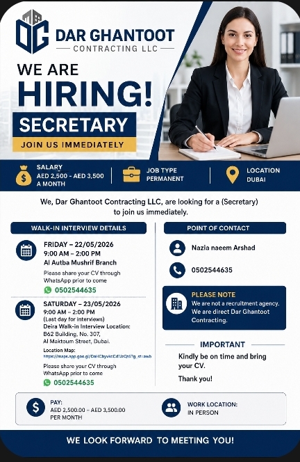 Secretary Job Vacancy in Dubai – Dar Ghantoot Contracting LLC (Walk-in Interview)