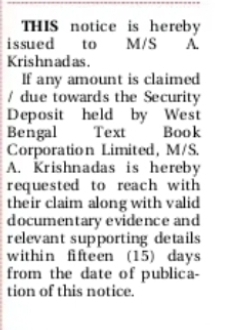Security Deposit Claim Notice – M/s A. Krishnadas