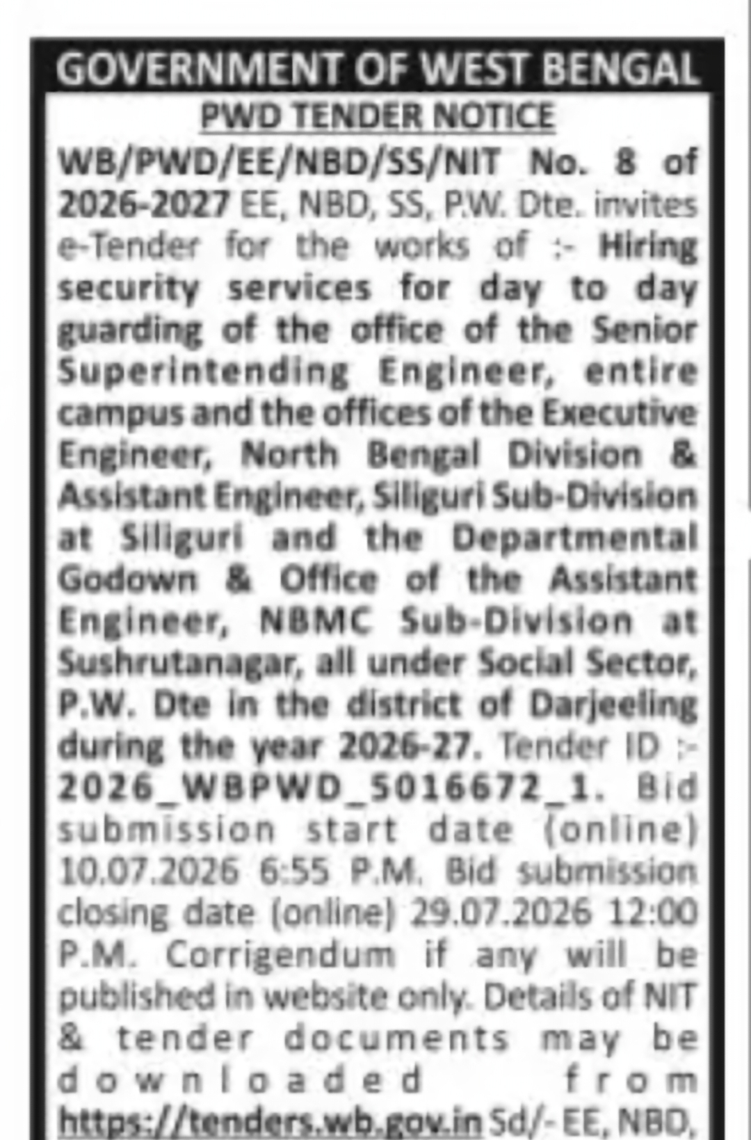 Security Guard Services Required for PWD Social Sector Offices