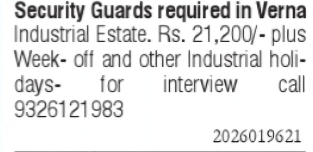 Security Guards Required in Verna Industrial Estate