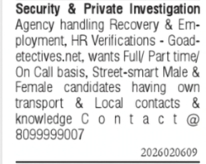 Security & Investigation Staff Required – Goa Detectives