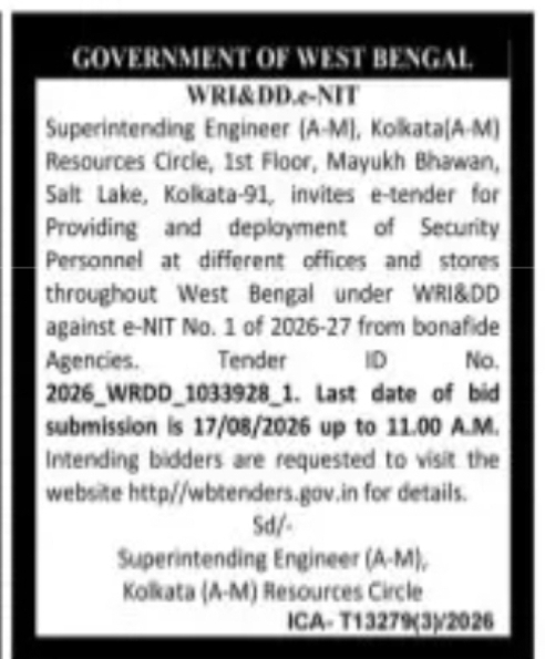 Security Personnel Deployment Tender – WRI&DD, West Bengal