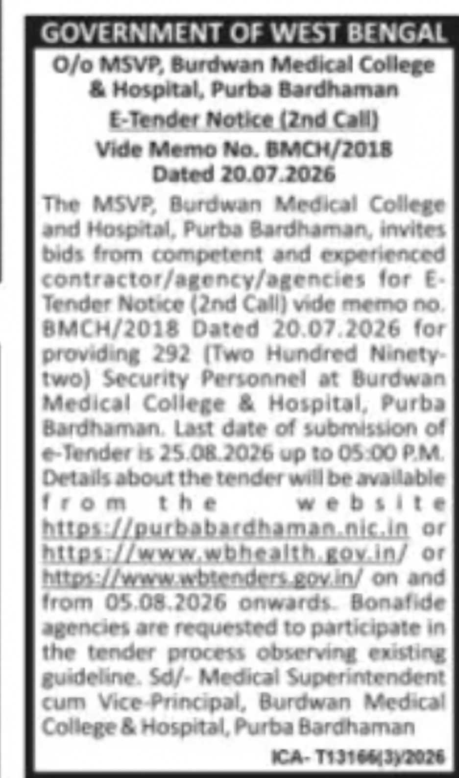 Security Personnel Services Tender (2nd Call) – Burdwan Medical College & Hospital