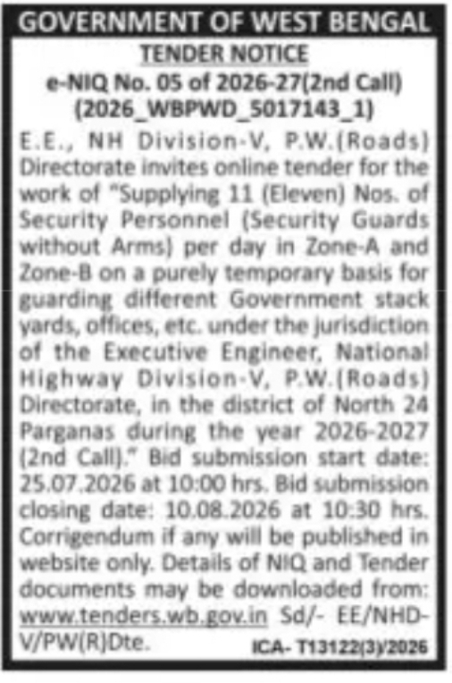 Security Personnel Tender – North 24 Parganas
