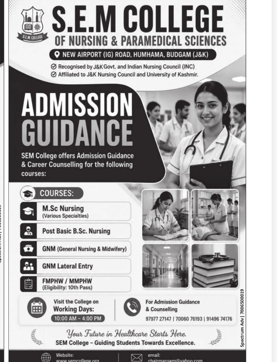 SEM College Admission Guidance & Career Counselling for Nursing Courses – Humhama, Budgam