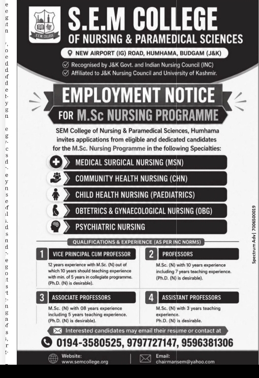 SEM College of Nursing Invites Applications for M.Sc Nursing Faculty Positions – Humhama, Budgam