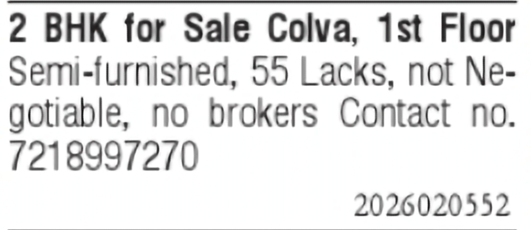 Semi-Furnished 2 BHK Flat for Sale in Colva