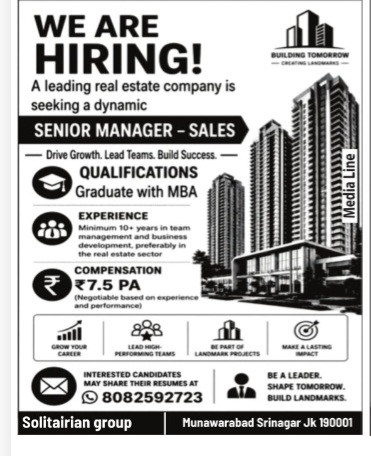Senior Manager - Sales Job Opening | Solitairian Group, Srinagar