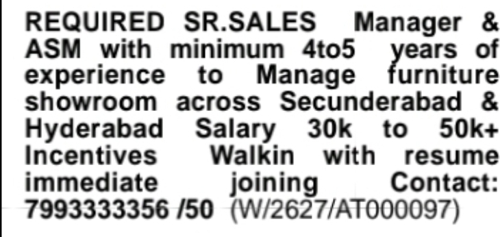 Senior Sales Manager & ASM | Hyderabad & Secunderabad
