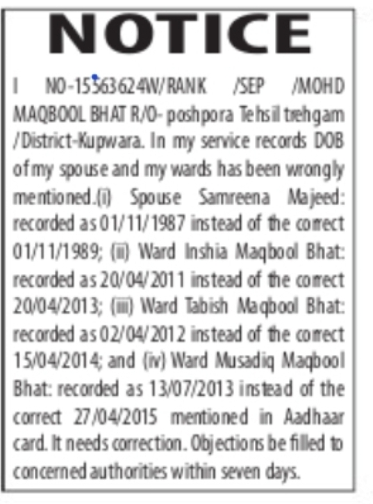 Service Record DOB Correction Notice – Mohd Maqbool Bhat