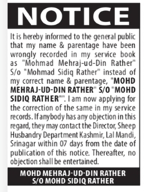 Service Record Name and Parentage Correction Notice – Mohd Mehraj-ud-Din Rather