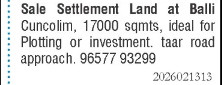 Settlement Land for Sale at Balli, Cuncolim