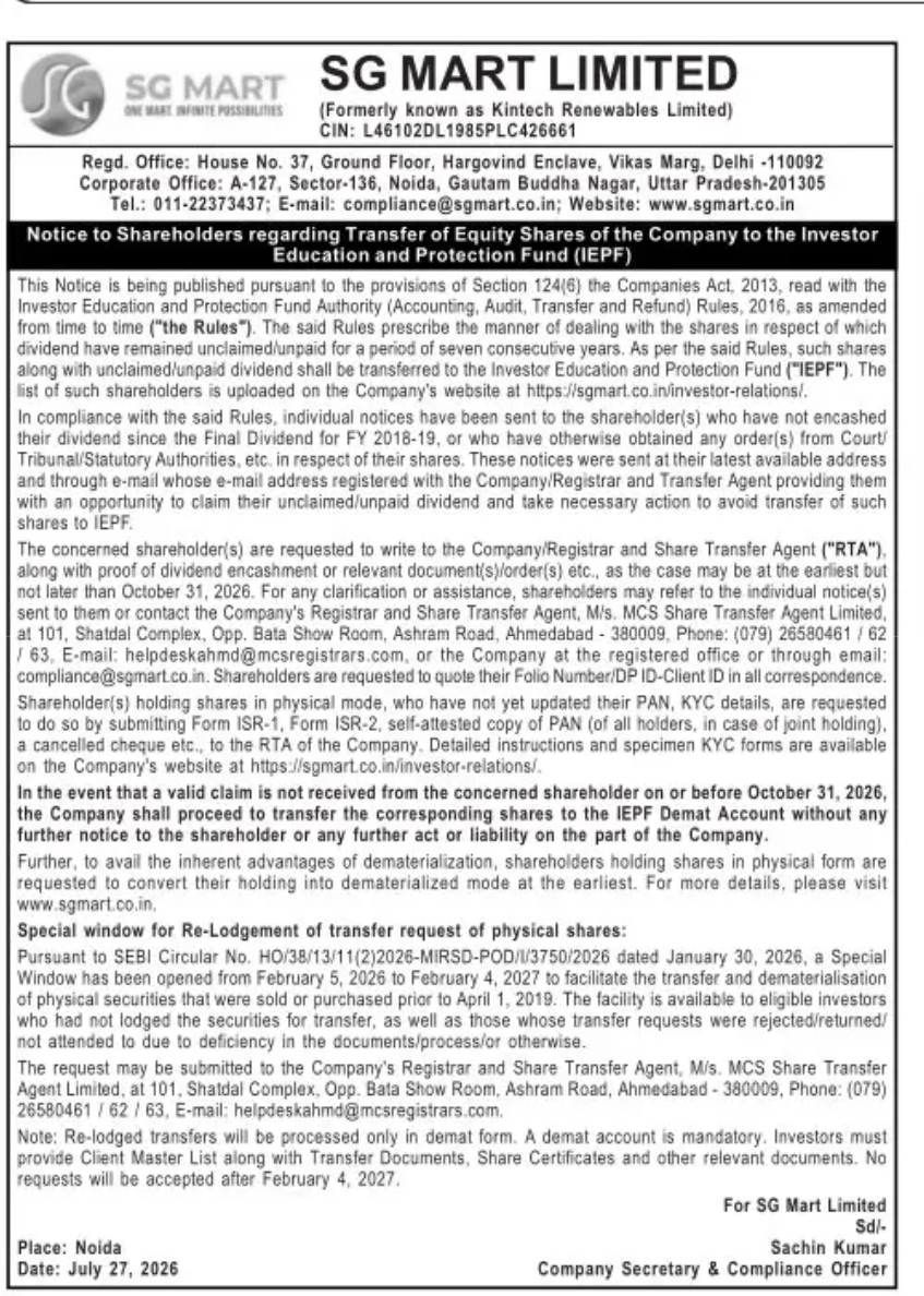 SG Mart Limited – Notice Regarding Transfer of Shares to IEPF and Special Re-Lodgement Window for Physical Shares