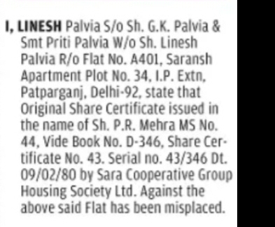 SHARE CERTIFICATE MISPLACEMENT NOTICE