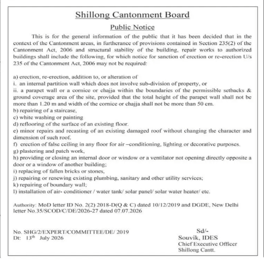 Shillong Cantonment Board Public Notice on Building Repair Works