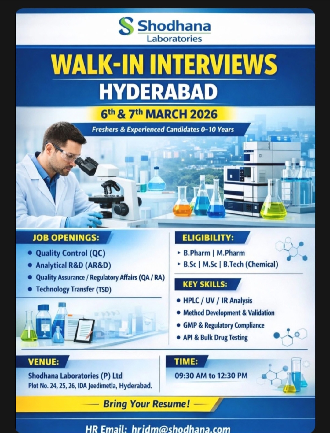Shodhana Laboratories – Walk-In Interviews |