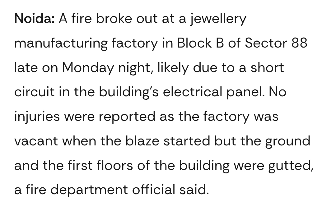Short circuit triggers fire at jewellery unit in Noida
