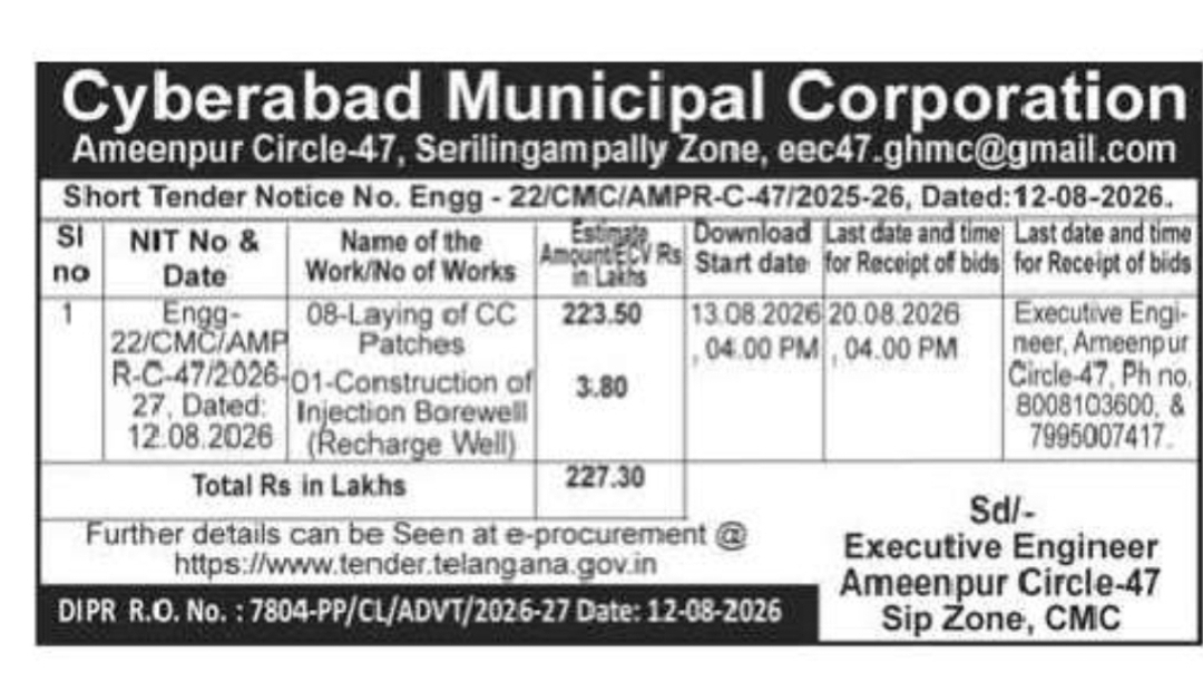 Short Tender Notice – Cyberabad Municipal Corporation