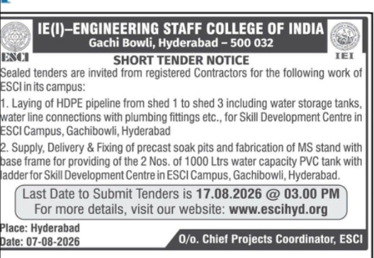 SHORT TENDER NOTICE – ESCI, GACHIBOWLI