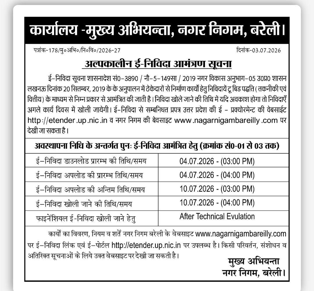 Short-Term E-Tender Notice | Bareilly Municipal Corporation, Uttar Pradesh