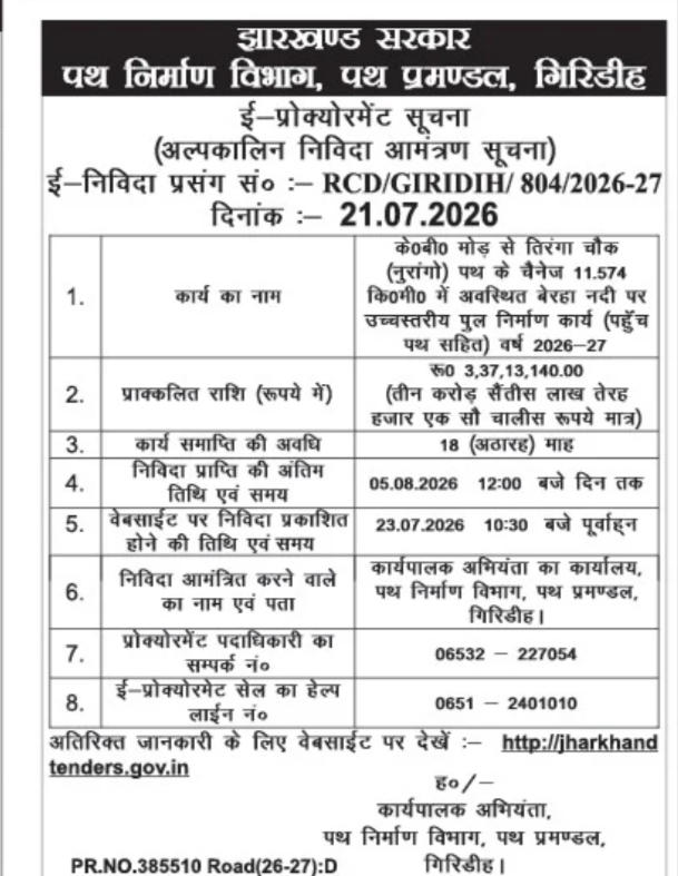 Short-Term e-Tender Notice – High-Level Bridge Construction Work, Giridih, Jharkhand