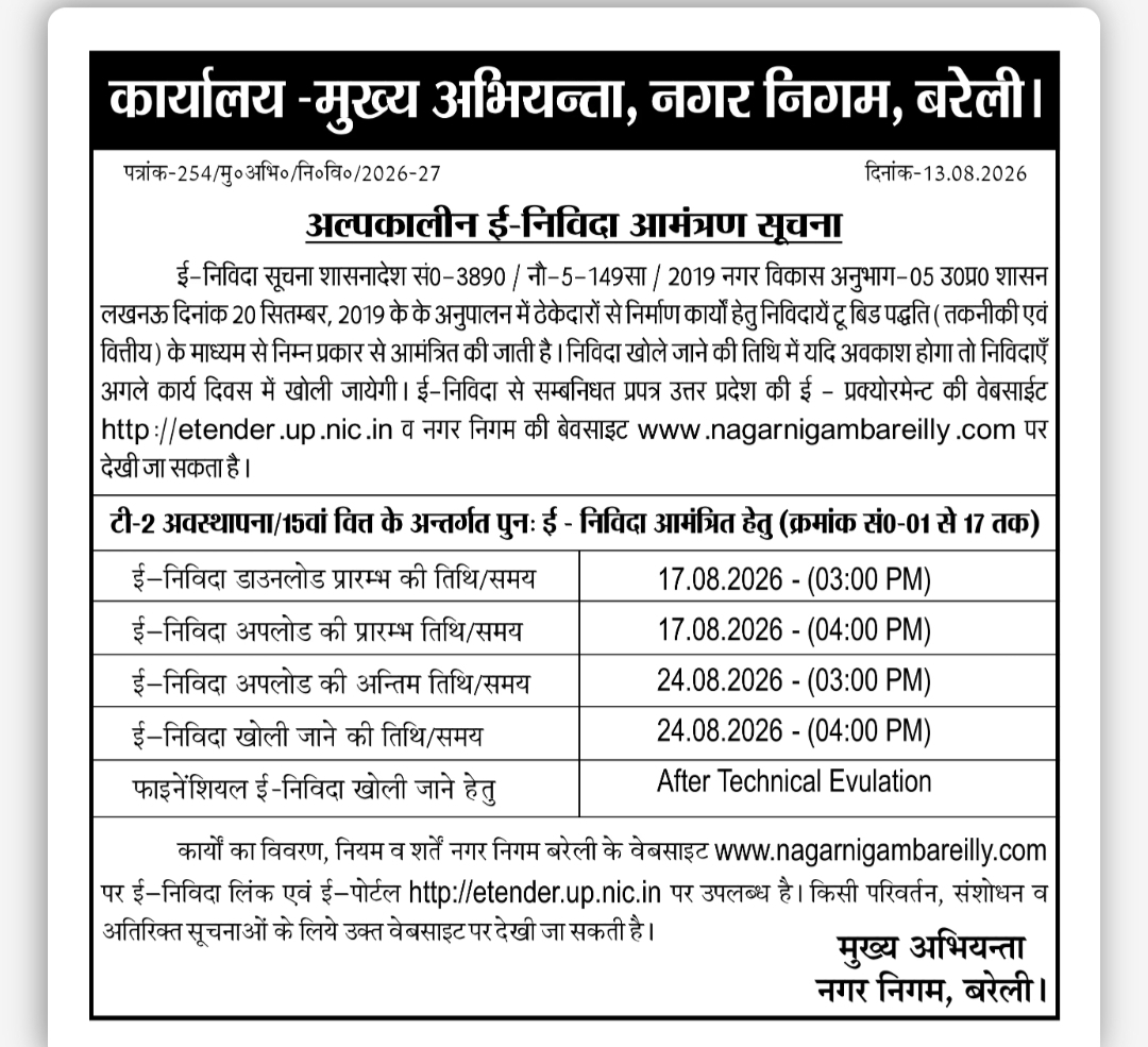 Short-Term E-Tender Notice – Municipal Corporation Bareilly