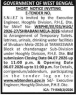 SHRABANI MELA 2026 – Tarakeswar Block (Hooghly PHE)