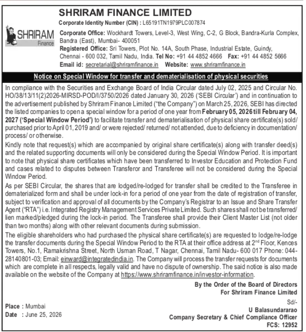 Shriram Finance Limited Announces Special Window for Transfer and Dematerialisation of Physical Shares (2026–2027)