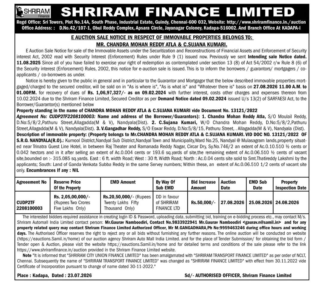 Shriram Finance Limited – E-Auction Sale Notice for Immovable Property at Nandyal, Andhra Pradesh