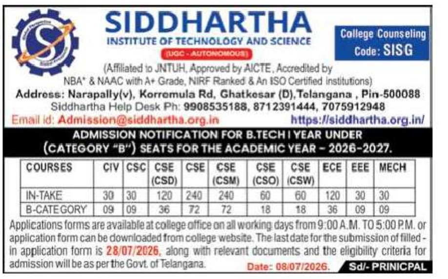 Siddhartha Institute of Technology and Science – B.Tech Category B Admissions 2026–2027