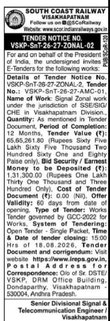 Signal Zonal Work Tender – Visakhapatnam Division, South Coast Railway