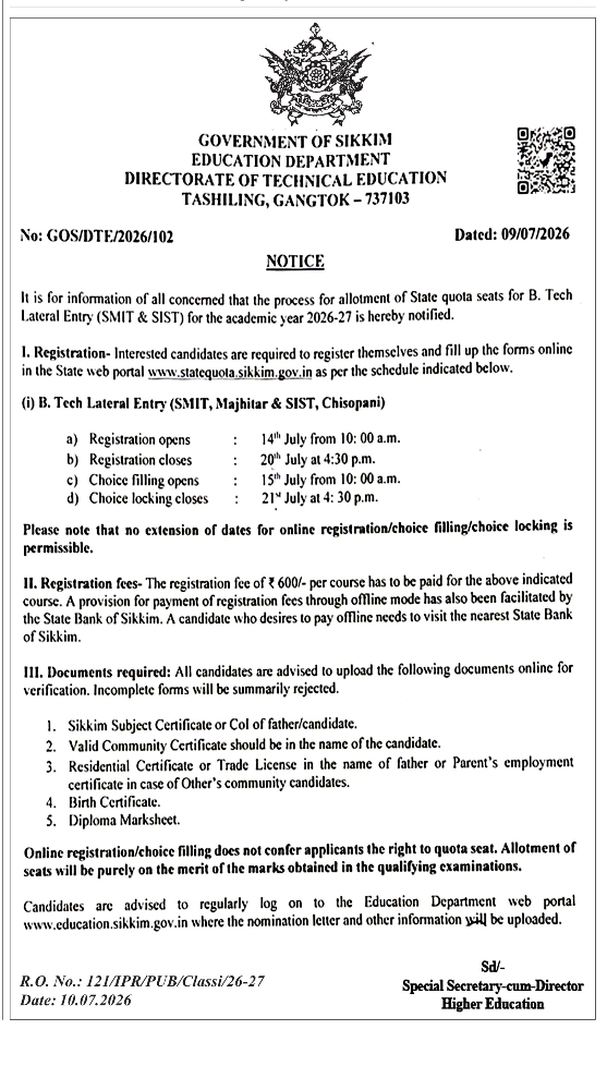 Sikkim B.Tech Lateral Entry State Quota Admissions 2026–27 – Online Registration Open