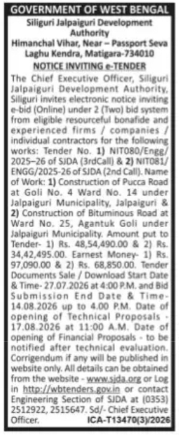 Siliguri Jalpaiguri Development Authority – Road Construction Tenders