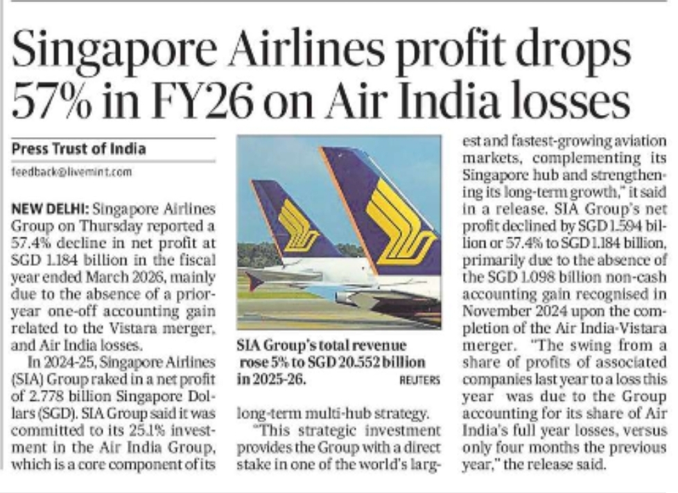 Singapore Airlines profit drops 57% in FY26 on Air India losses