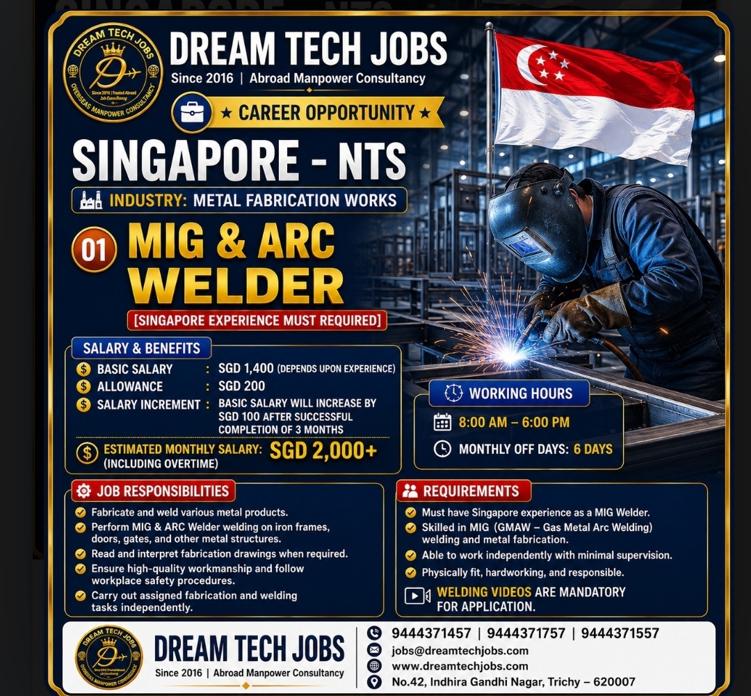 Singapore Hiring – MIG & ARC Welders (Singapore Experience Required)