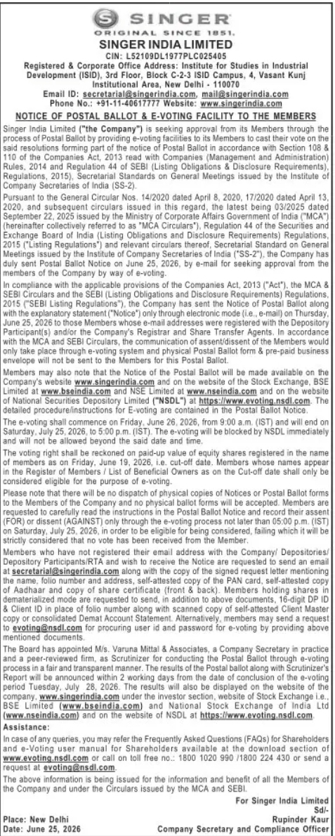 Singer India Limited – Postal Ballot & E-Voting Notice