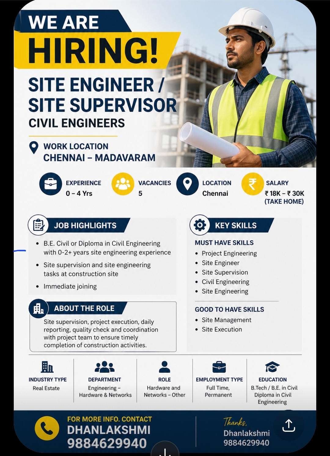 Site Engineer / Civil Supervisor – Chennai (Madavaram)